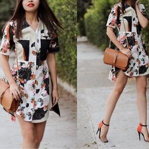 Floral Patchwork Short Sleeve Dress in Cream, Black & Rust